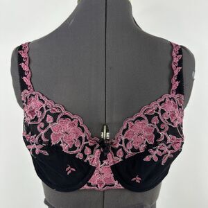 Victoria Secret Demi Bra Sheer Lace 36 C Black Pink Floral Embroidery Wired